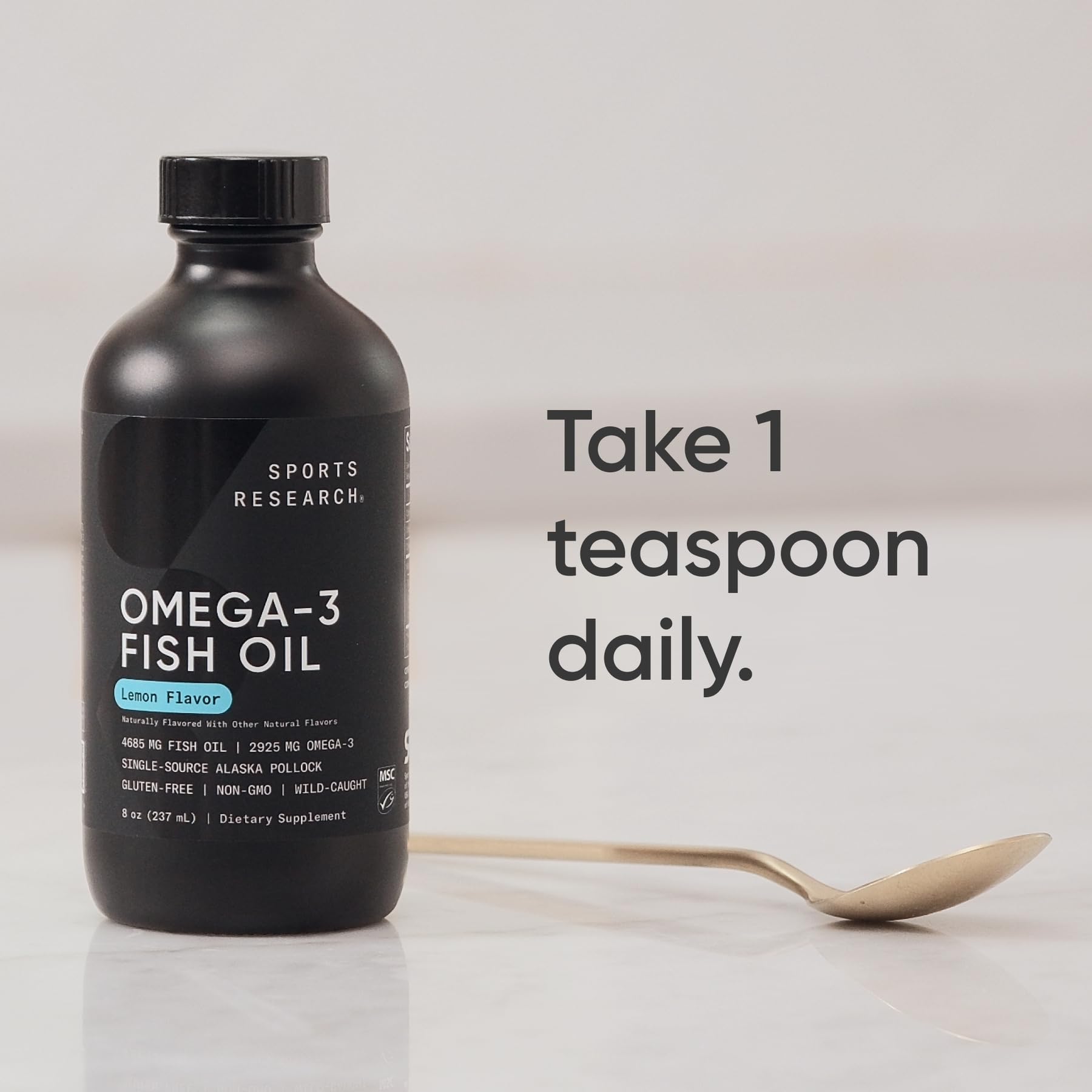 Sports Research® Omega-3 Fish Oil, 8oz Glass Bottle - 4685mg of Wild Caught Alaska Pollock Fish Oil per Serving - Easy-to-Take Liquid · Lemon Flavor · Non-GMO · MSC Certified Sustainable - 48 Servings - Image 3