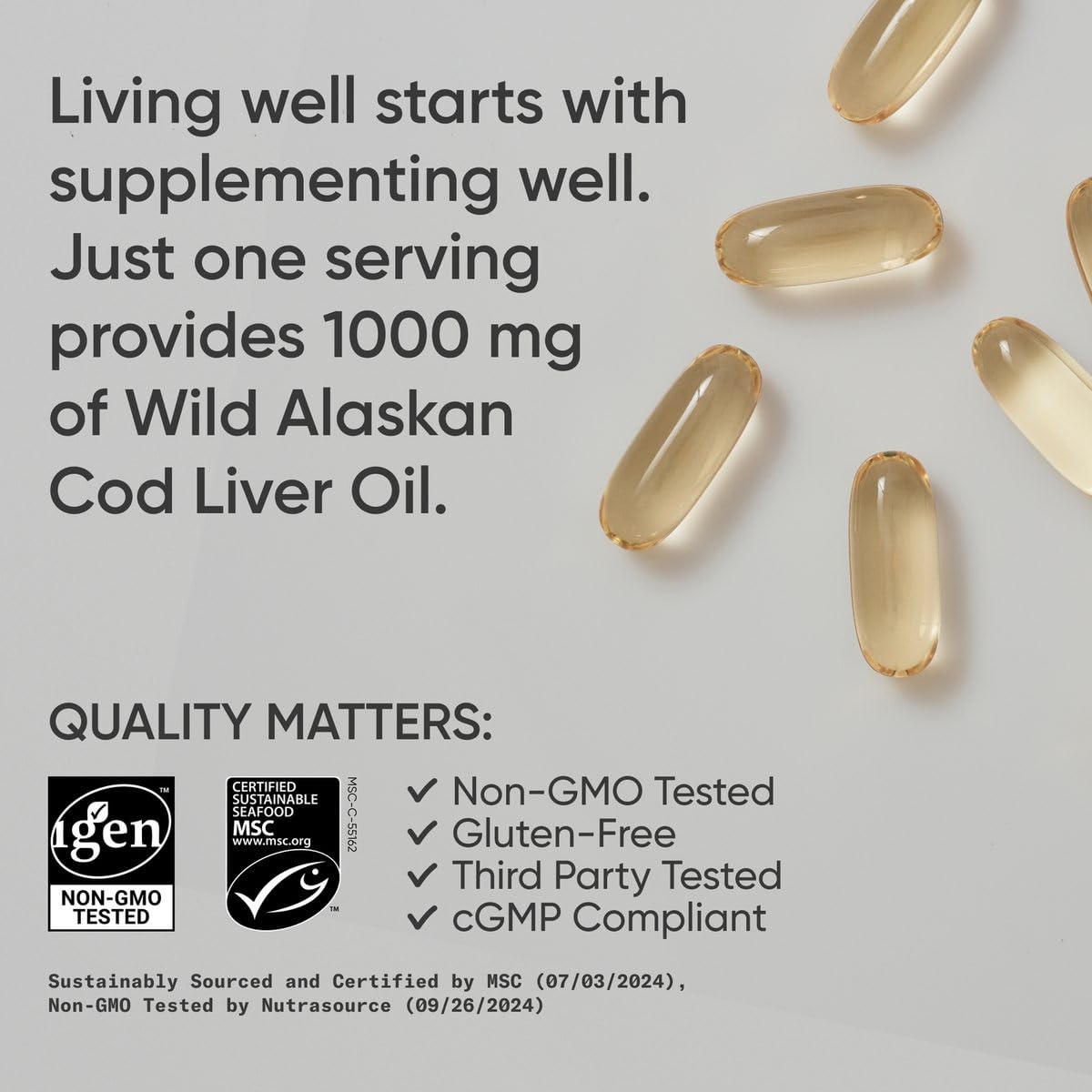 Sports Research® Omega-3 Wild Alaskan Cod Liver Oil 1000mg with Vitamins A (1000 IU) & D3 (400 IU) - Burpless, Bovine Free, Non-GMO, & MSC Certified Sustainable - 120 Softgels - Image 4