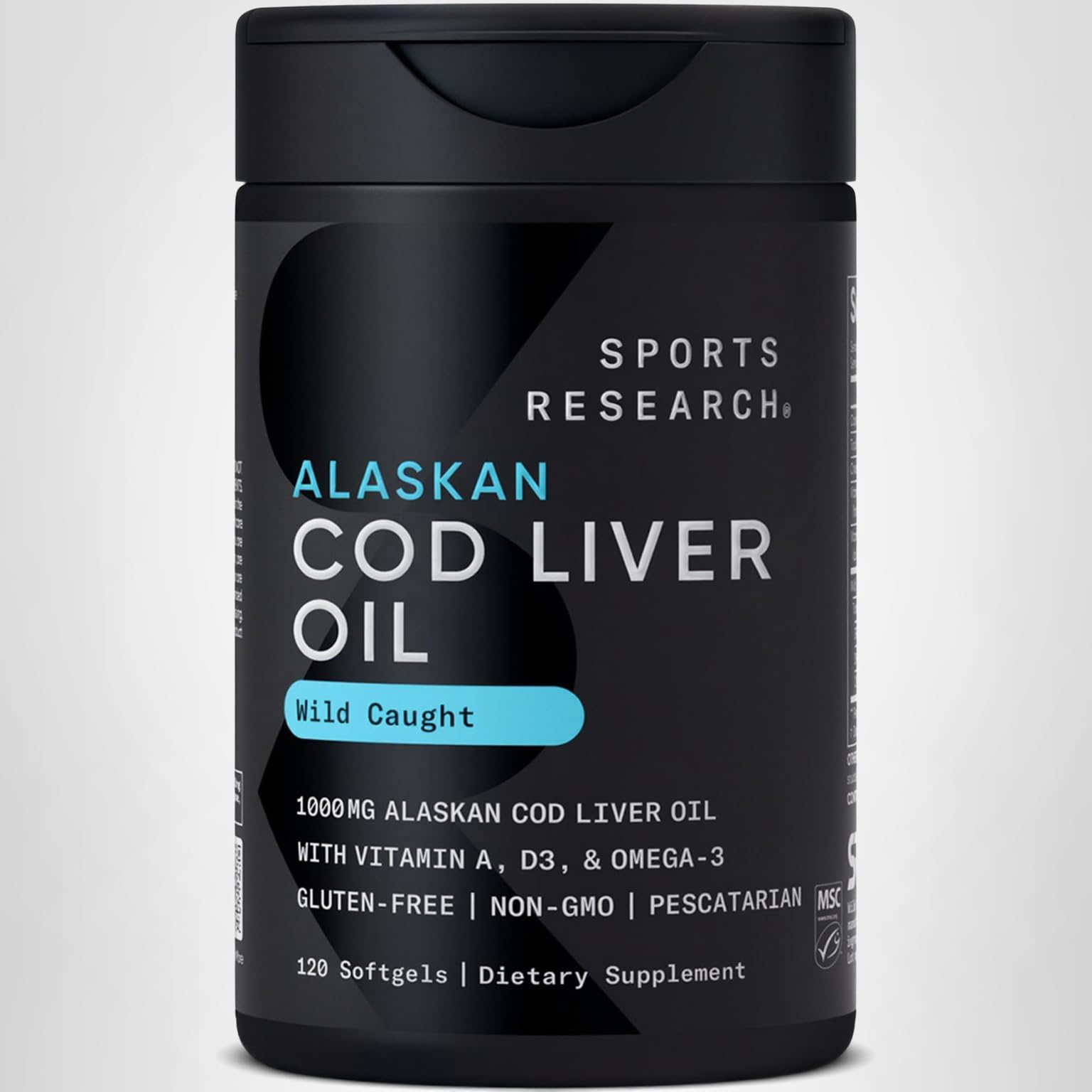 Sports Research® Omega-3 Wild Alaskan Cod Liver Oil 1000mg with Vitamins A (1000 IU) & D3 (400 IU) - Burpless, Bovine Free, Non-GMO, & MSC Certified Sustainable - 120 Softgels - Image 9