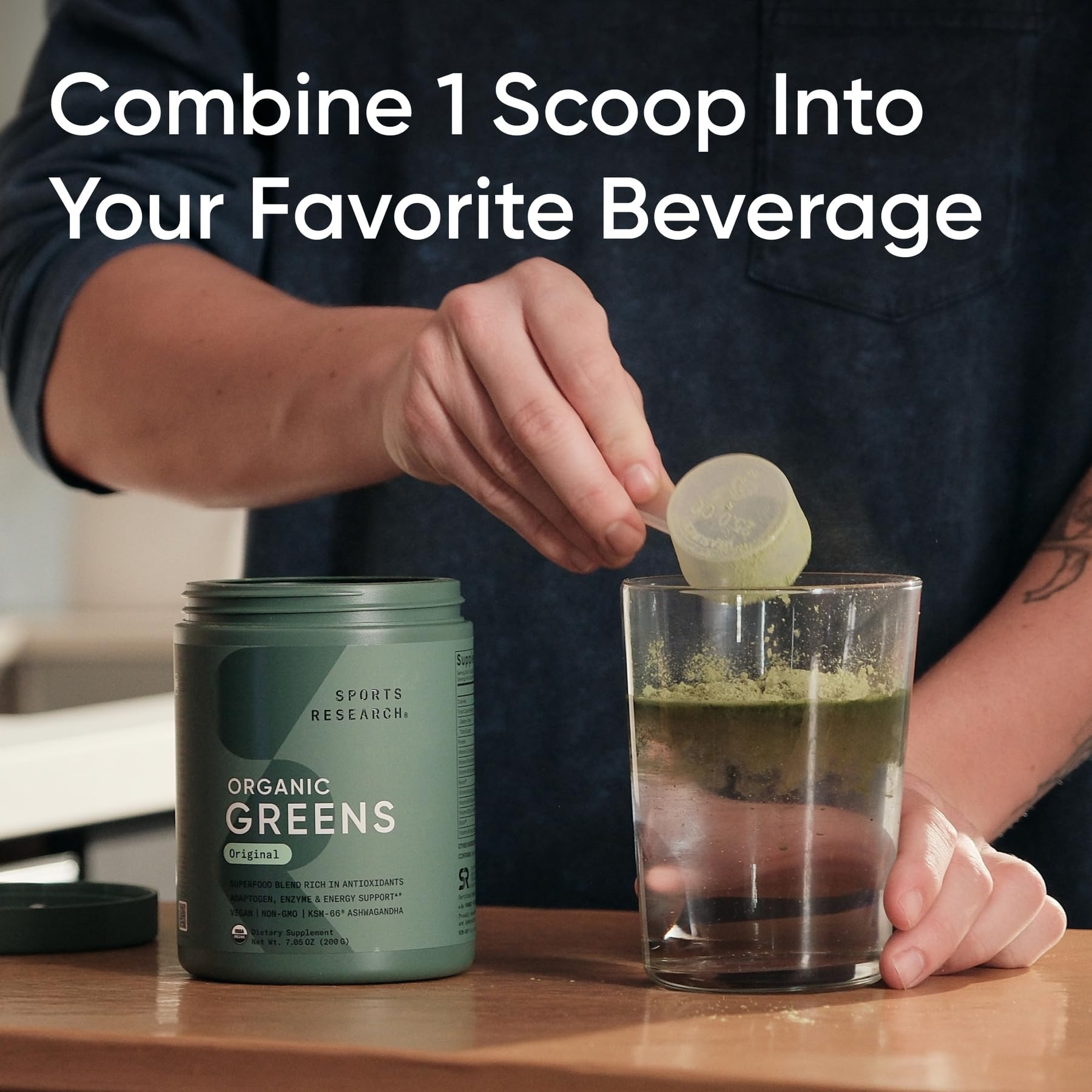 Sports Research® Organic Greens Superfood Powder w/Spirulina & Chlorella, Adaptogens, Enzymes, Probiotics & 8 VIT Bs for Gut & Mood Support* - Vegan, Sugar-Free & Low-Cal Original 20 Servings - Image 3