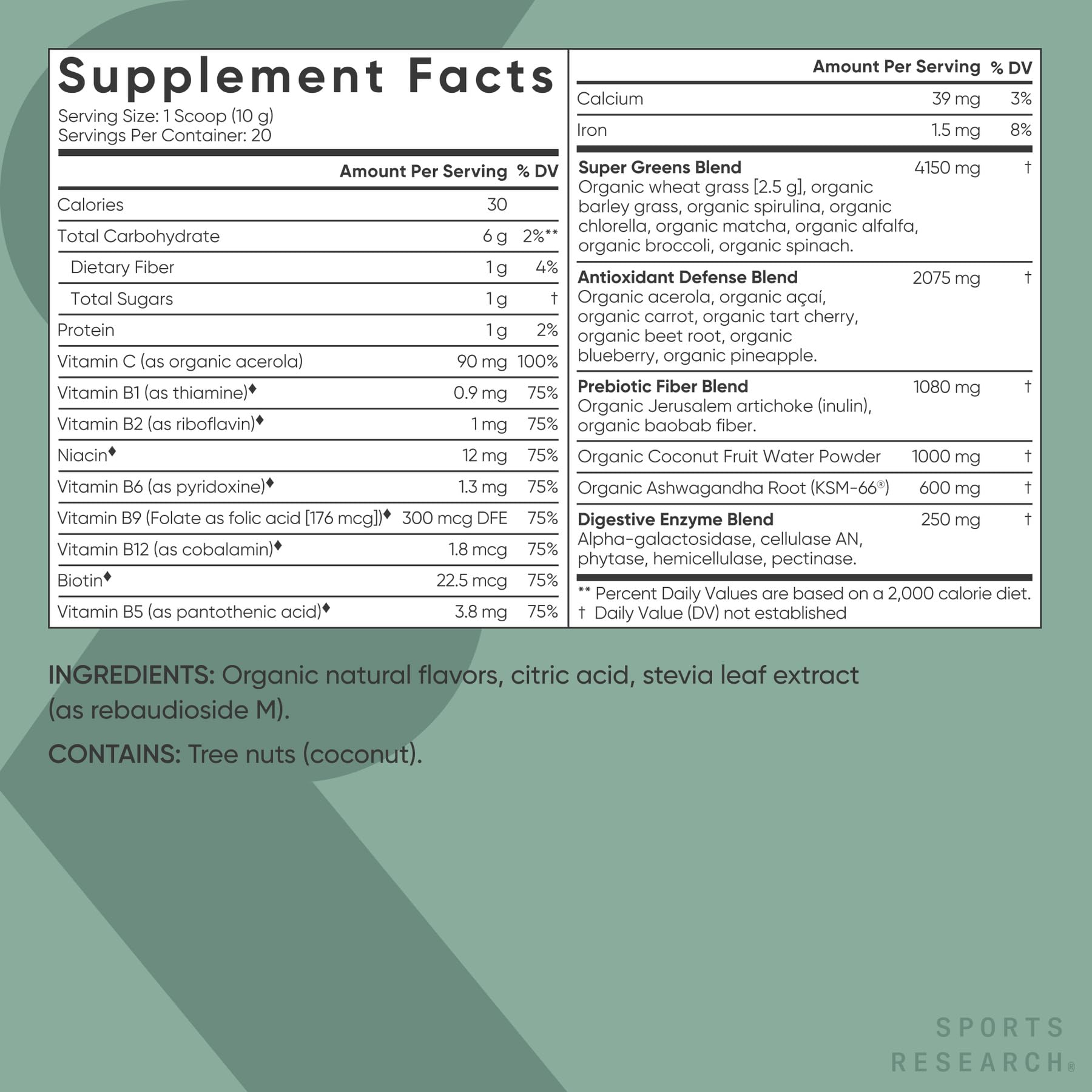 Sports Research® Organic Greens Superfood Powder w/Spirulina & Chlorella, Adaptogens, Enzymes, Probiotics & 8 VIT Bs for Gut & Mood Support* - Vegan, Sugar-Free & Low-Cal Original 20 Servings - Image 5