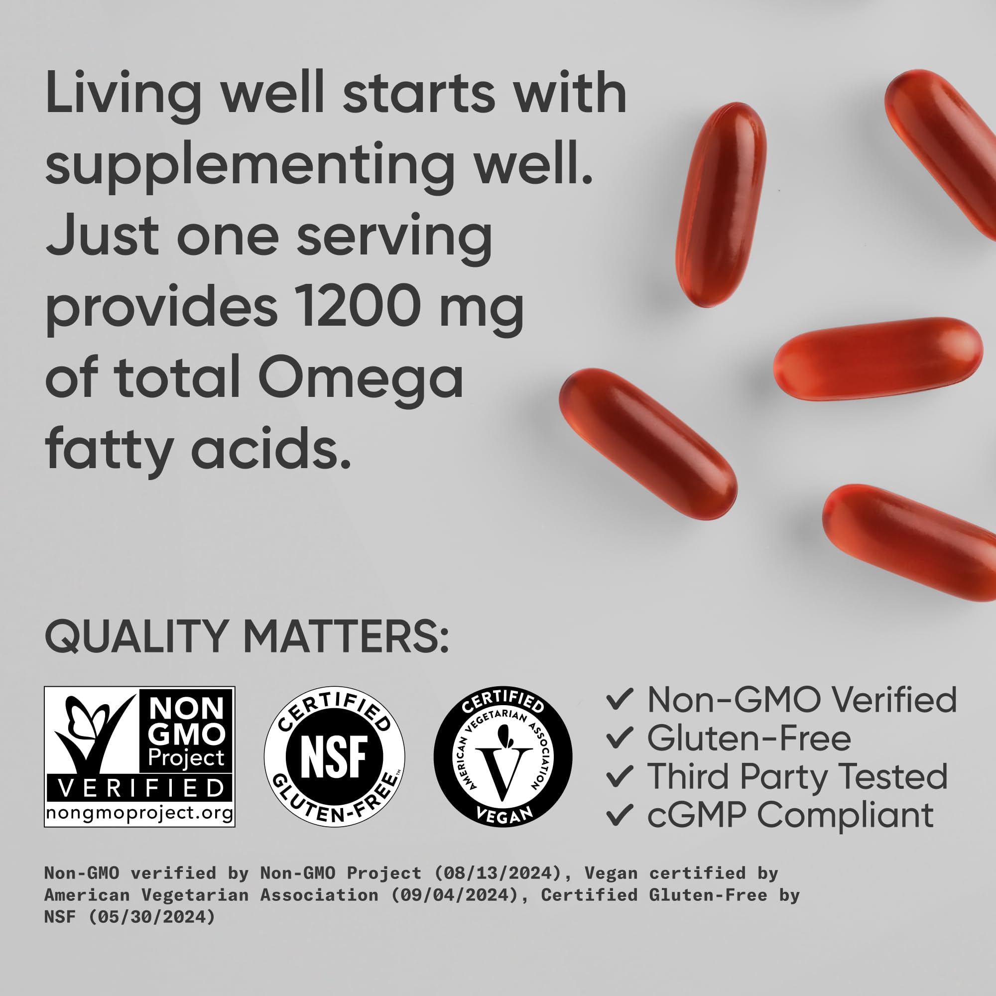 Sports Research® Vegan Omega 3-6-7-9 - 1200 mg of Multi-Spectrum Omega Fatty Acids Certified Non-GMO Formula with Sea Buckthorn & Borage Oil - 90 Veggie Softgels - Image 4