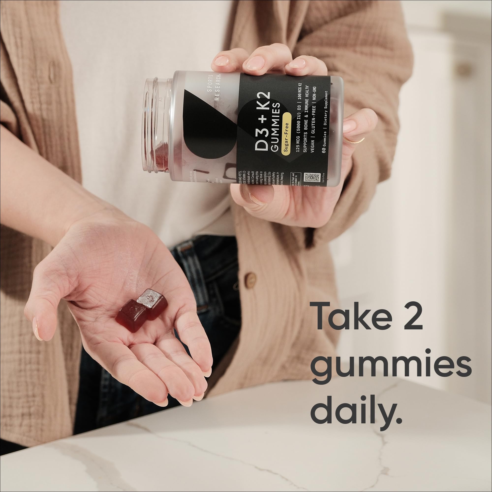 Sports Research® Vegan Vitamin D3 + K2 Sugar-Free Gummies - 125mcg (5000iu) Vitamin D w/ 100mcg Mk7 Vitamin K - Supports Bone & Immune Health* - Vegan Certified · Non-GMO · Soy Free - 60 Count - Image 3