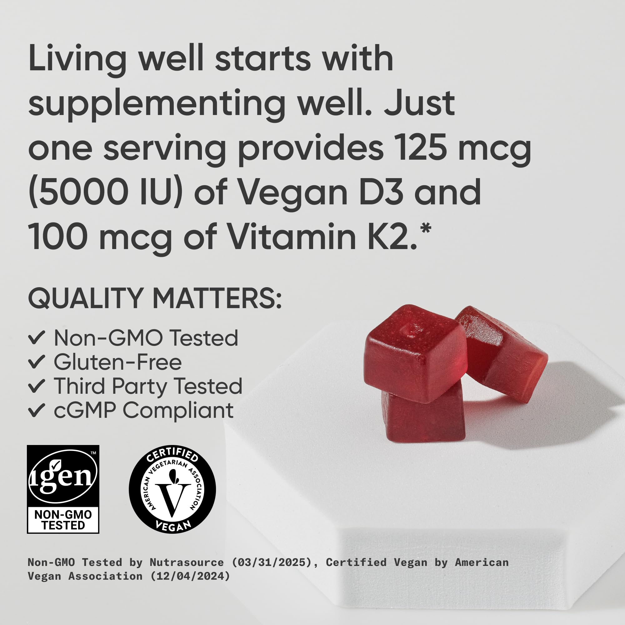 Sports Research® Vegan Vitamin D3 + K2 Sugar-Free Gummies - 125mcg (5000iu) Vitamin D w/ 100mcg Mk7 Vitamin K - Supports Bone & Immune Health* - Vegan Certified · Non-GMO · Soy Free - 60 Count - Image 4