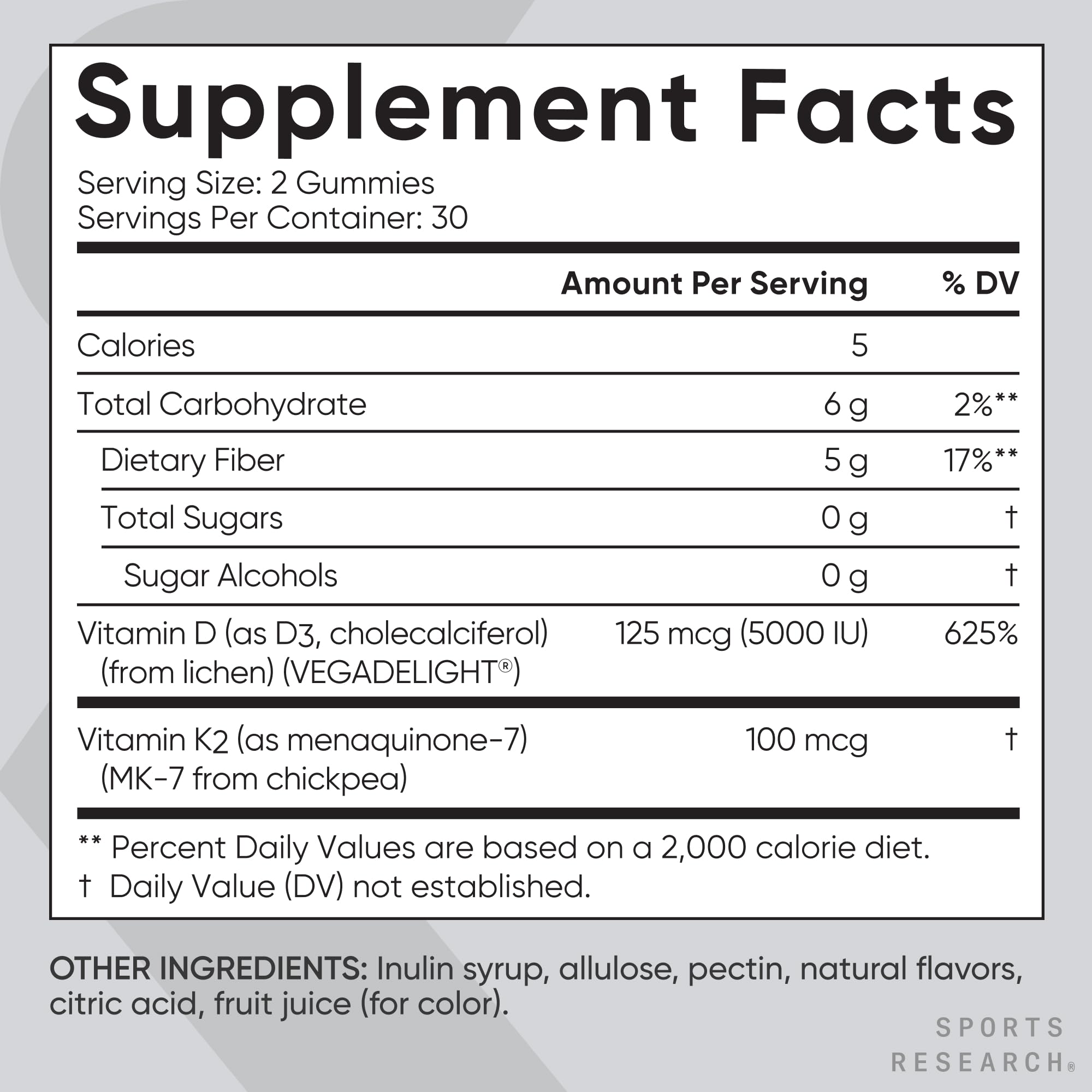 Sports Research® Vegan Vitamin D3 + K2 Sugar-Free Gummies - 125mcg (5000iu) Vitamin D w/ 100mcg Mk7 Vitamin K - Supports Bone & Immune Health* - Vegan Certified · Non-GMO · Soy Free - 60 Count - Image 5